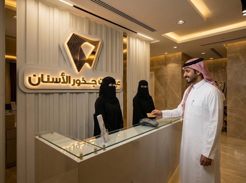 عميل يدفع ببطاقة البنك في الاستقبال للاستفادة من خدمات التقسيط في عيادات جذور الأسنان بجدة حي الروضة.